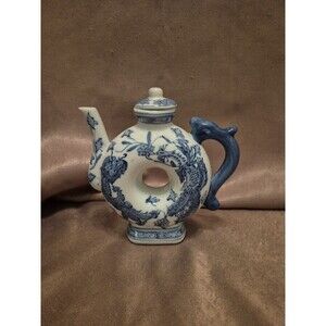VTG Asian Dragon Blue White ChinoiserieDonut  TeaPot Vase 6 1/8”T X 7” W